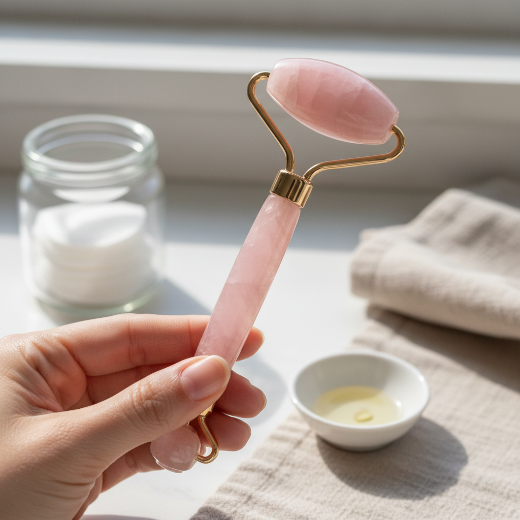 A person using a jade or rose quartz face roller on their glowing skin, demonstrating the correct upward and outward rolling technique on the face and neck.
