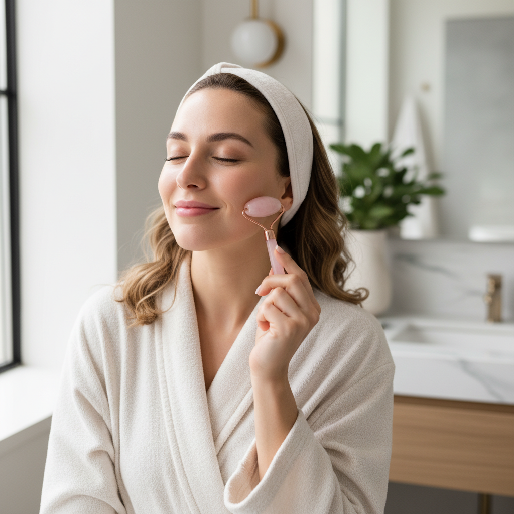 Visual warning image showing common mistakes to avoid: do not roll on dry skin, avoid downward rolling, use gentle pressure, and how to clean the roller properly.