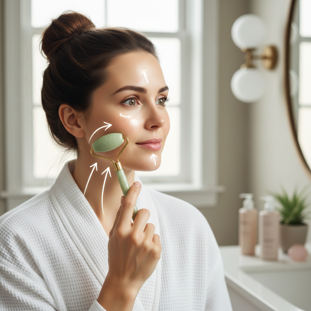 Illustration or infographic showing the step-by-step guide of rolling on different face areas: neck, jawline, cheeks, under-eye, forehead, with arrows indicating upward and outward motion.