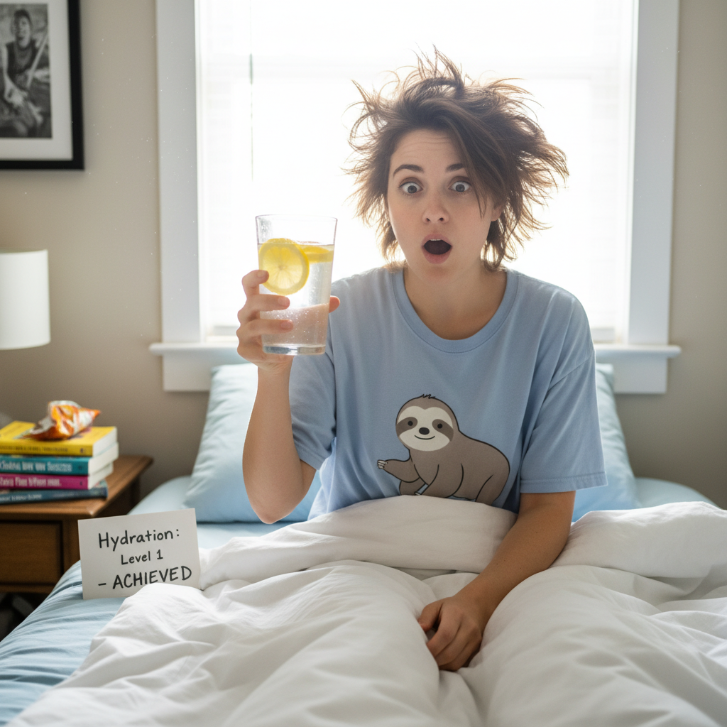 Illustration of a person waking up and drinking a glass of water with lemon, symbolizing hydration immediately after waking.