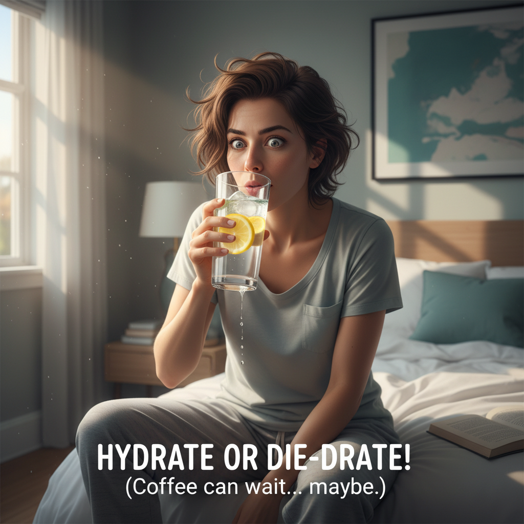 Scene showing morning sunlight streaming through a window or a person enjoying sunlight exposure outdoors in the early morning.