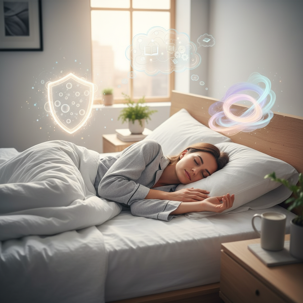 A cozy bedroom environment showing a cool, dark, and quiet room with blackout curtains, quality mattress, and a person following a healthy sleep routine including reading a book before bed.