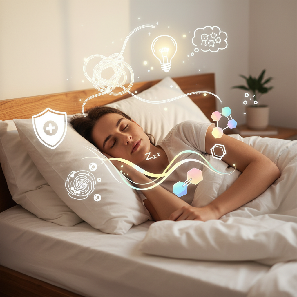A person lying peacefully in bed with eyes closed, surrounded by symbolic representations of immune system, memory, and hormones to illustrate why a full night’s sleep matters.