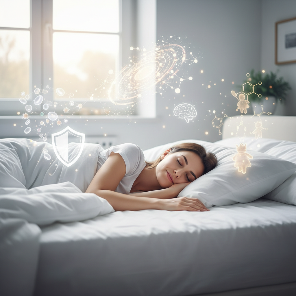 Illustration of the human brain and body during deep sleep stage with growth hormone activity, muscle and tissue repair visuals, showing the science behind deep sleep.