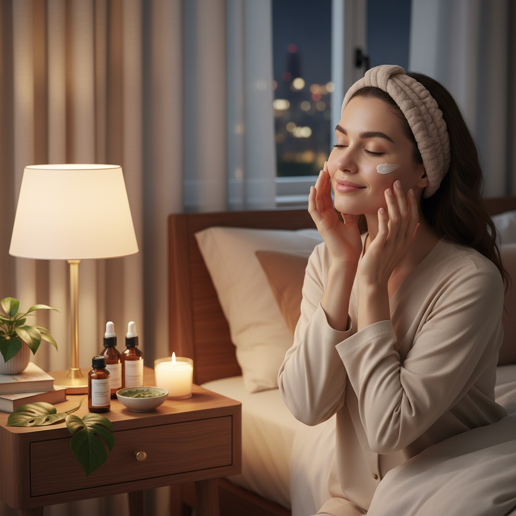 An illustrated step-by-step depiction of essential natural skincare routine steps: makeup removal with oil, cleansing with gentle natural cleanser, exfoliation or face mask application, toning with herbal toner, applying targeted serums, moisturizing with natural oils, caring for the eye area, and optional facial massage or aromatherapy setup.