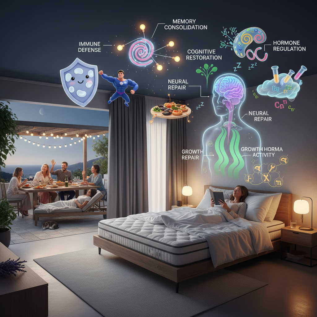 A cultural scene depicting a Mediterranean lifestyle with people enjoying late dinners and taking afternoon naps, highlighting personal and cultural insights on sleep.