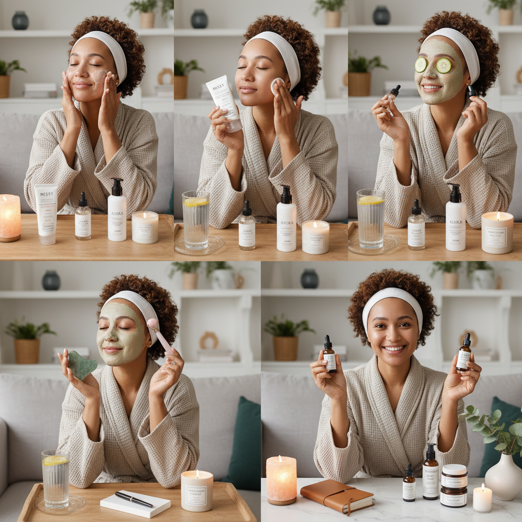 Tools and tips for extra self care: facial roller and gua sha, a glass of water for hydration, and a serene space for journaling or meditation, highlighting a harmonious self-care environment.