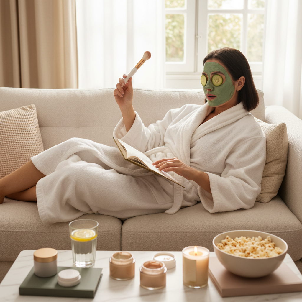 A happy, glowing person showing radiant skin after their self-care skincare routine, accompanied by items like skincare bottles and candles symbolizing the benefits and personal experience.