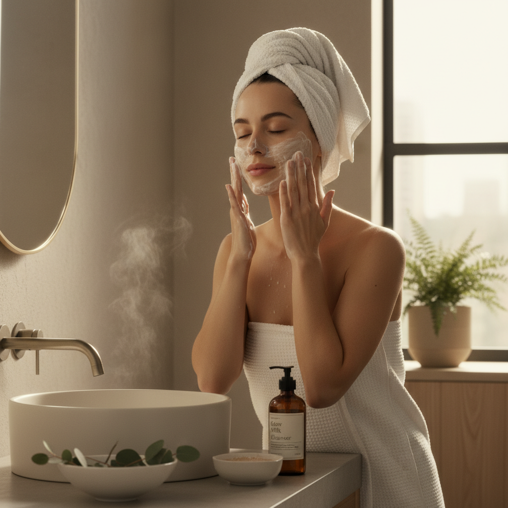 A relaxing and cozy at-home setting with a person enjoying a luxurious self-care skincare routine, showing slow and gentle care with rich textures and a calm ambiance.