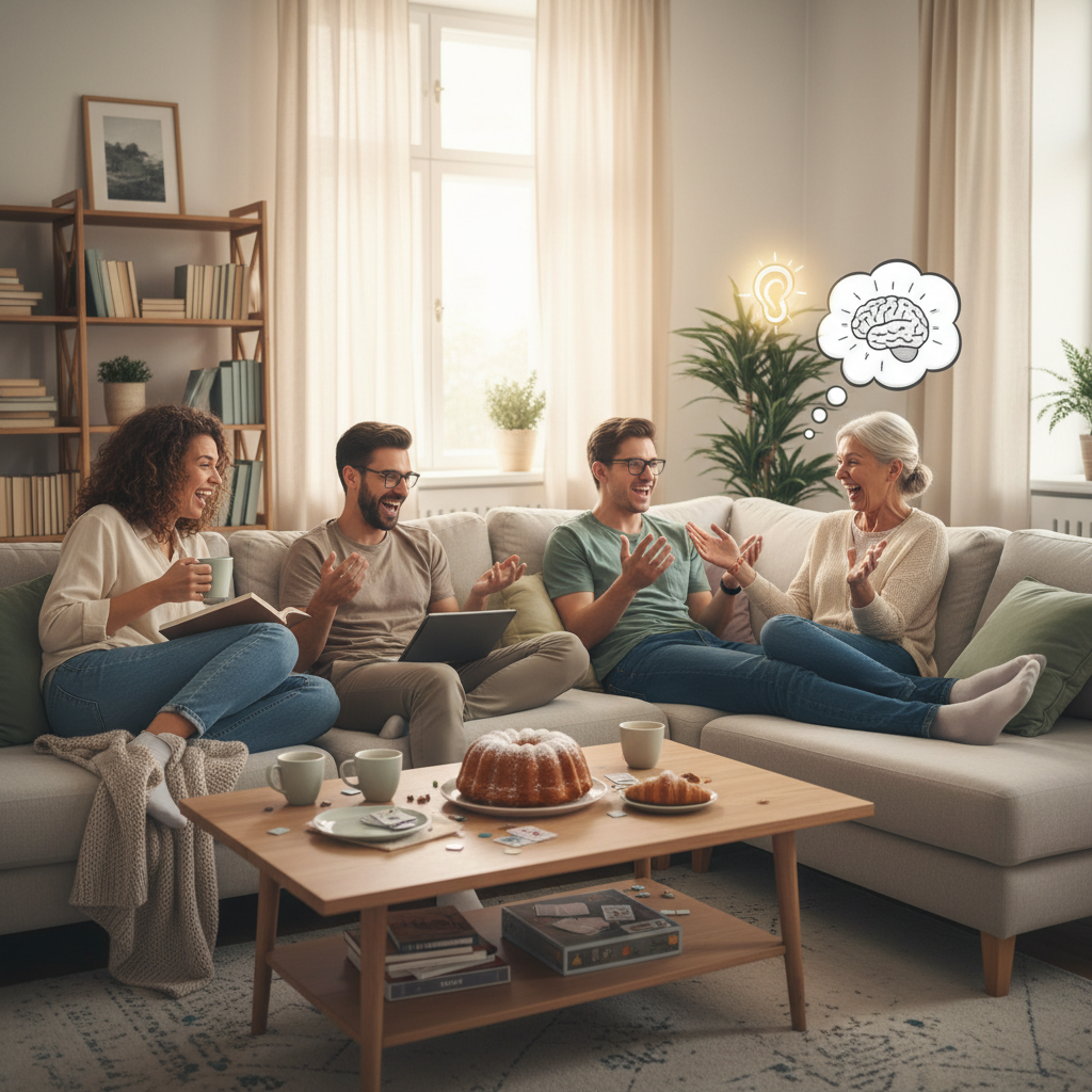 Cozy setting with friends or family chatting comfortably on a couch, highlighting the 'Pick the Perfect Spot' tip.