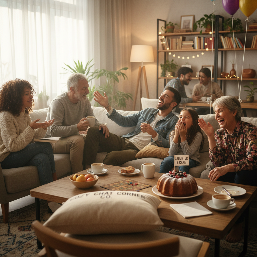 A lively family gathering with laughter, jokes, and a big bundt cake, symbolizing fun and memorable family chats.