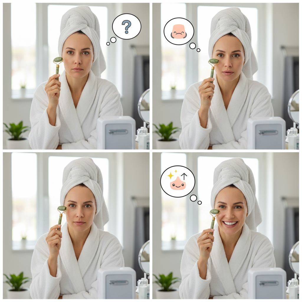 Step-by-step visuals of a facial jade rolling routine showing proper techniques on the neck, jawline, cheeks, forehead, and under-eye area, emphasizing gentle upward and outward motions.