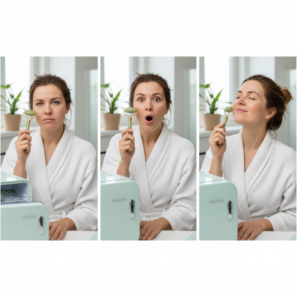 A refreshing spa-like scene showing a person using a jade roller stored in a fridge to reduce under-eye puffiness, illustrating the journey from skeptic to fan.