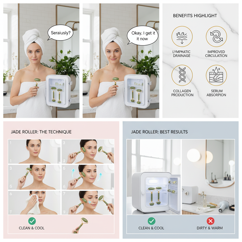 A detailed close-up of a jade roller made from authentic jade or aventurine, highlighting its texture and material, with accompanying icons representing benefits like lymphatic drainage, improved circulation, collagen production, and serum absorption.