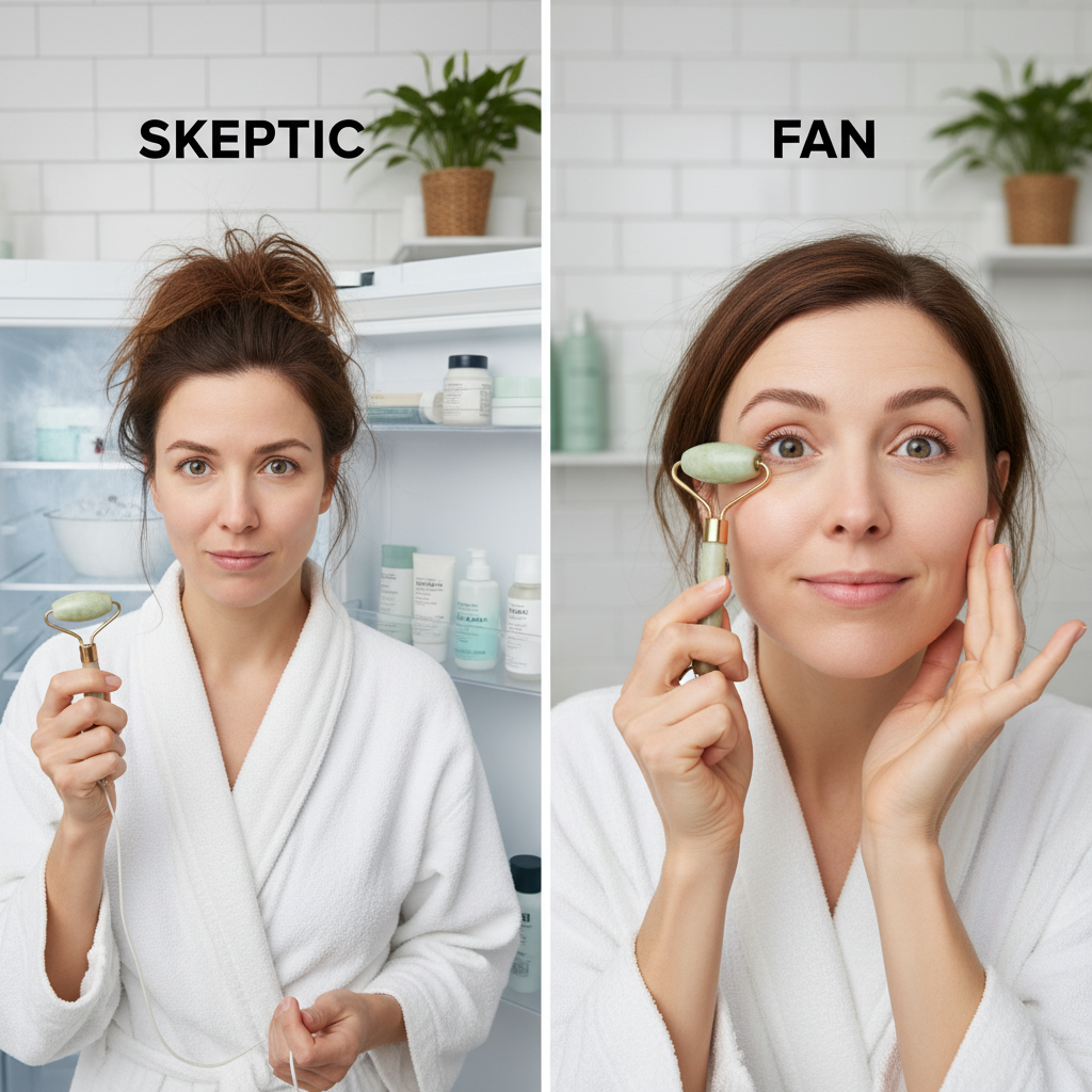 A clean jade roller being gently wiped with a soft cloth, placed beside a small fridge or cooling case, illustrating the dos and don’ts for best results including cleaning and cooling for maximum benefits.