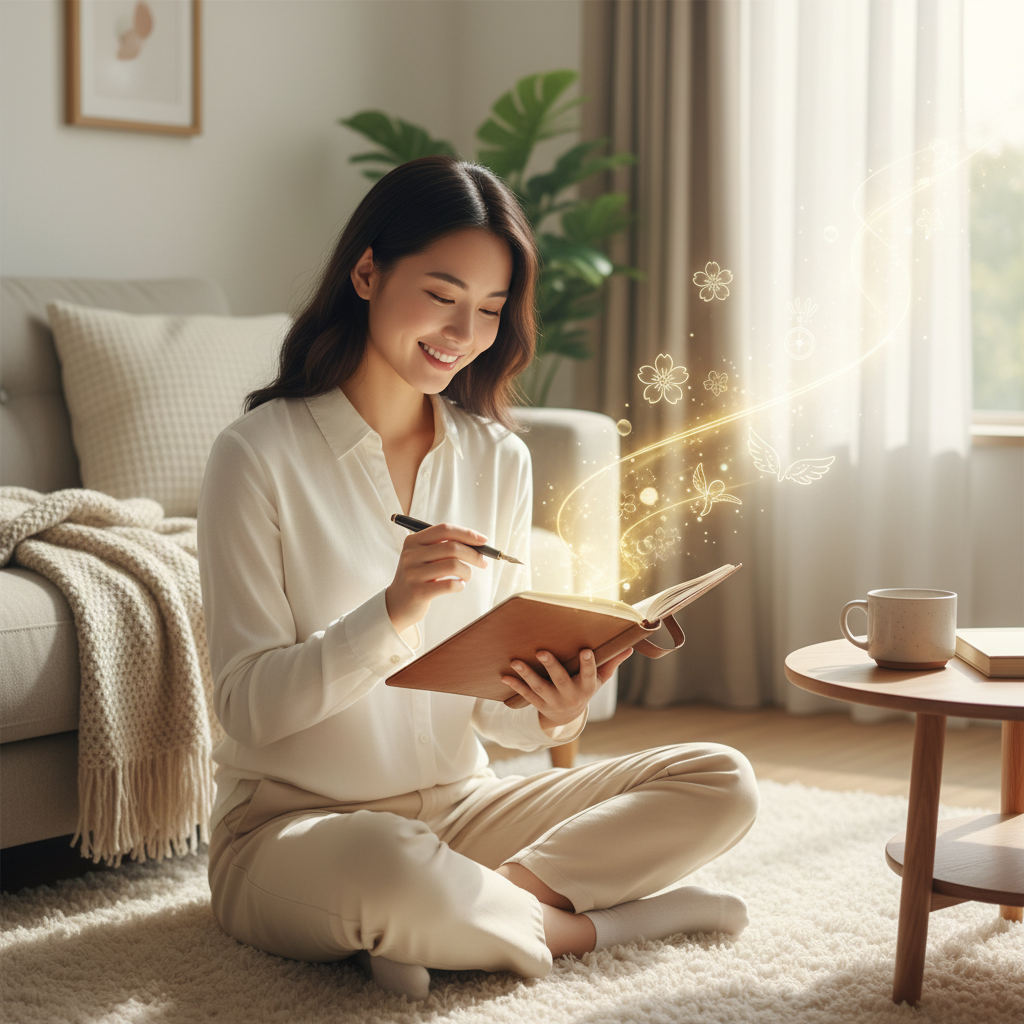 Step-by-step visual guide depicting how to start a daily journaling habit easily, showing prompts, setting a specific time and place, making journaling enjoyable, and embracing imperfection in a friendly and inviting style.