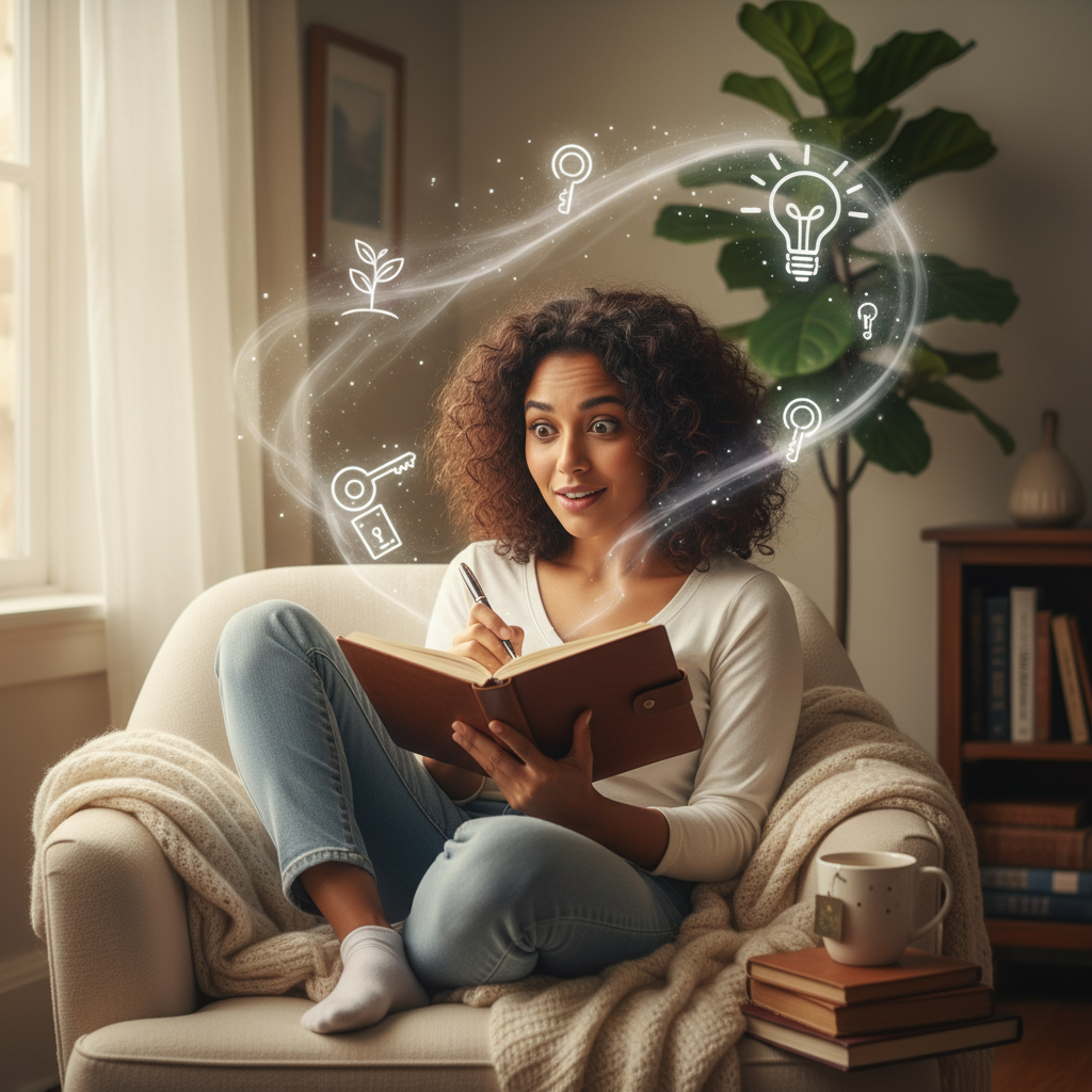 Illustration of a person starting their personal journey with journaling, showing a cozy scene with a notebook and pen, evoking a sense of curiosity and transformation.