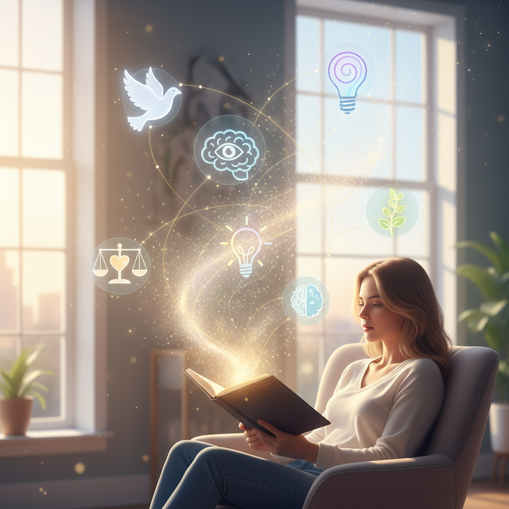 Conceptual image representing the magical benefits of daily journaling, including symbols for stress relief, self-awareness, creativity, emotional regulation, and personal growth, with a calm and uplifting atmosphere.
