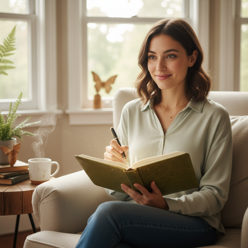 Inspirational and motivational image encouraging the journaling adventure ahead, featuring a person happily writing in a journal with community and social media elements like hashtag #MagicOfJournaling, symbolizing connection and support.