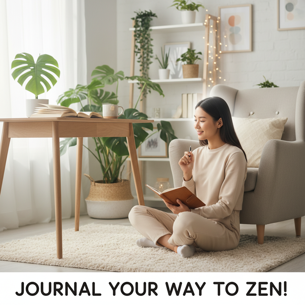 A cozy scene of personal journaling tips: a hand writing with pen on paper, a student journaling to manage stress, and symbolic locks or safes representing journal privacy