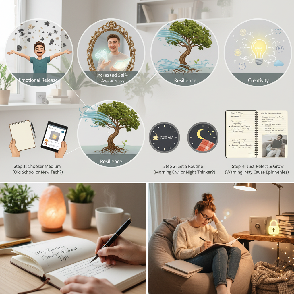 Step-by-step depiction of how to start journaling, showing choices of medium, setting routines, writing prompts, and reflection moments