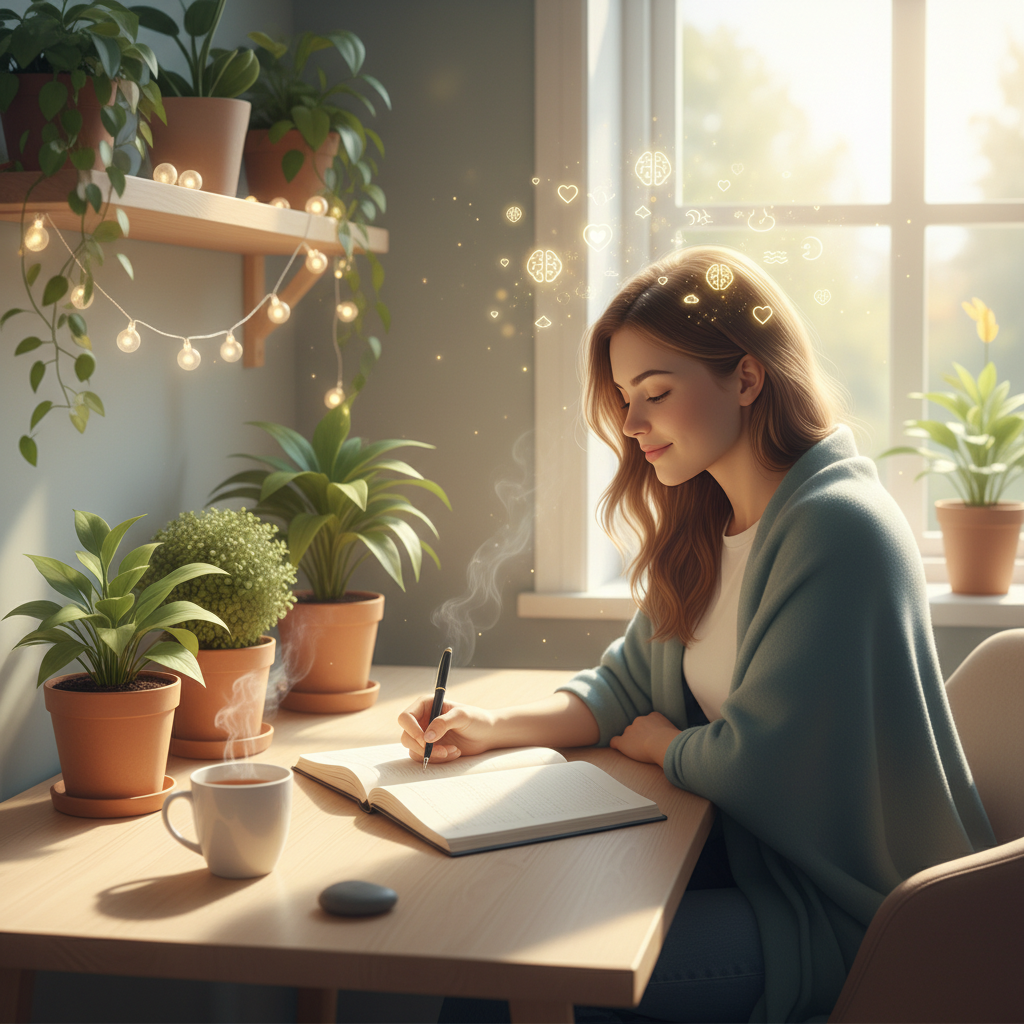 Illustration of a person peacefully journaling at a desk with calming elements like plants and soft lighting, symbolizing the mental health benefits of journaling