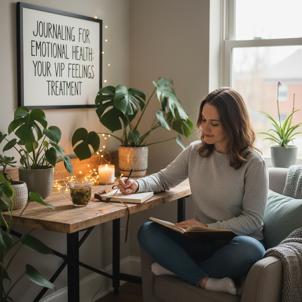 A visual metaphor showing stress hormones decreasing and self-awareness increasing, such as a brain and heart glowing with balance, depicting 'Why Journaling for Emotional Health Actually Works'.