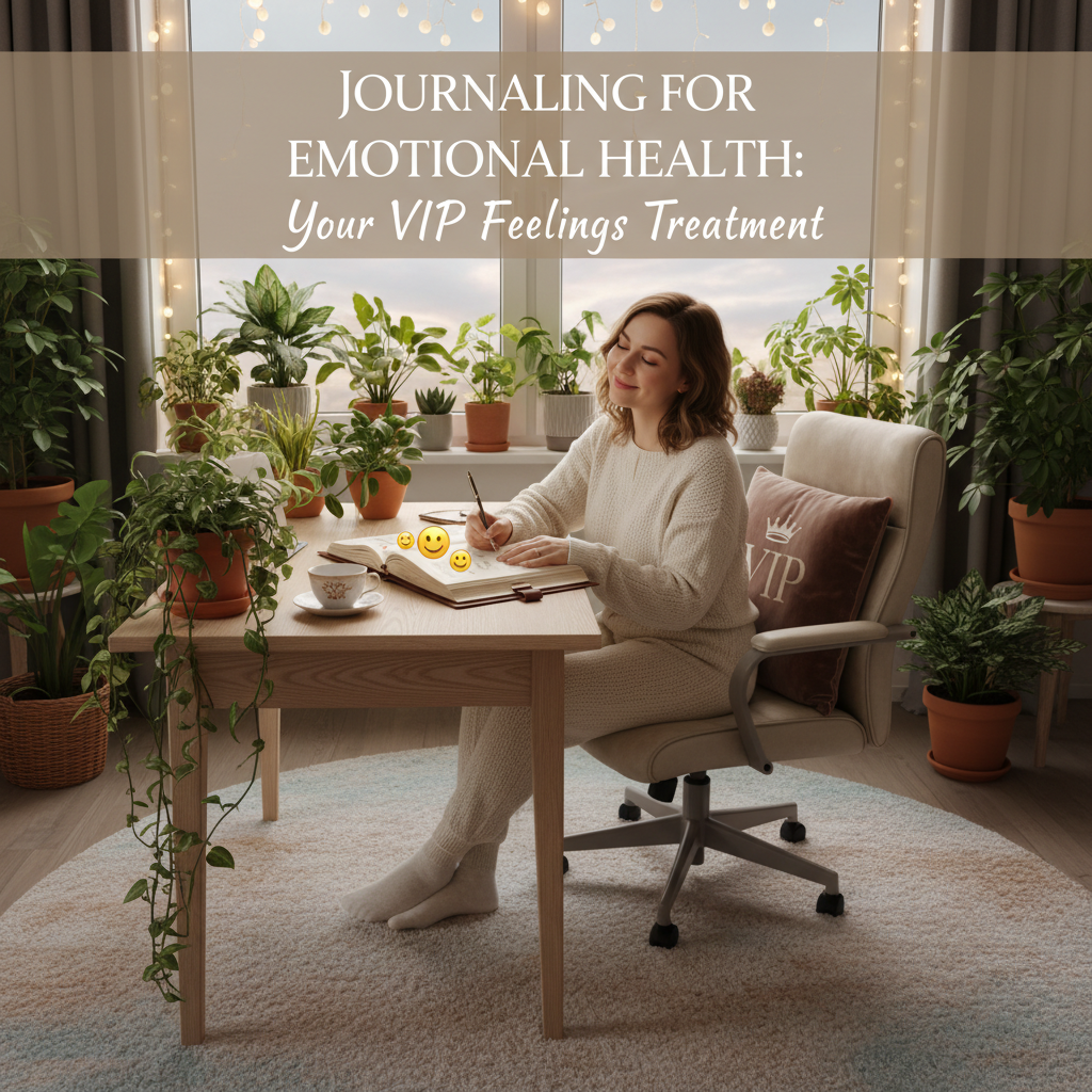 An illustration of a person journaling peacefully at a cozy desk, surrounded by calming elements like plants and soft lighting, representing 'Journaling for Emotional Health: Your VIP Feelings Treatment'.