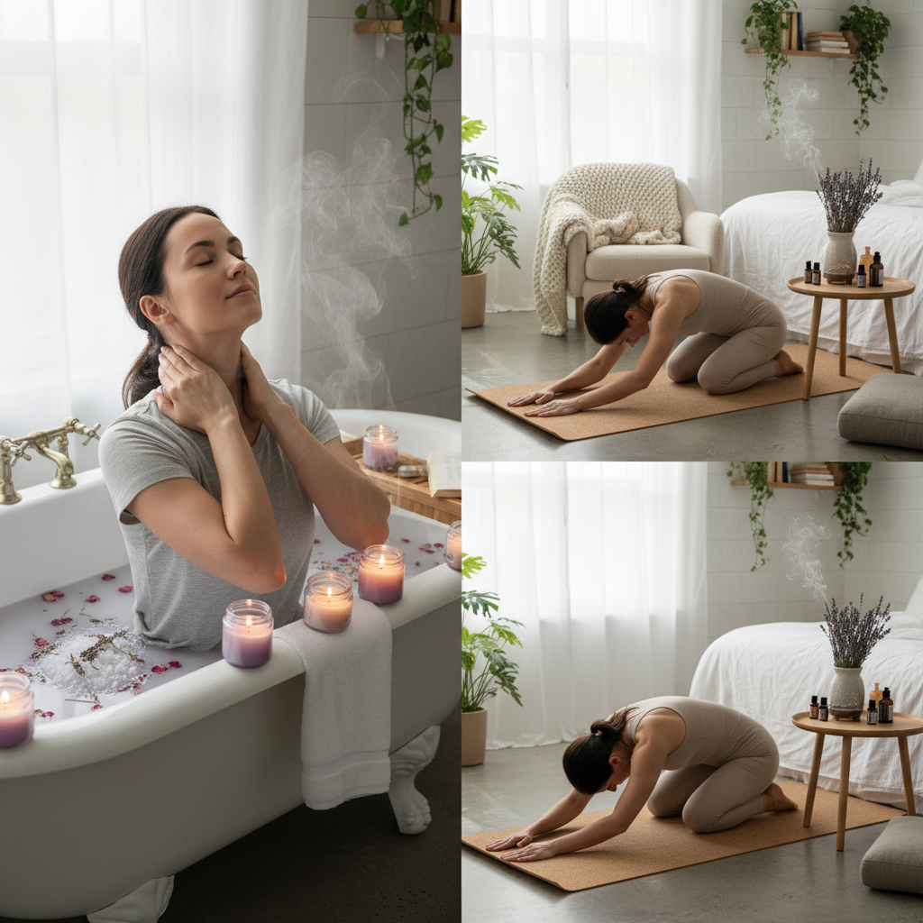 Someone performing a self-massage on their neck and shoulders using natural oils like jojoba or almond oil, with a calm and mindful expression.