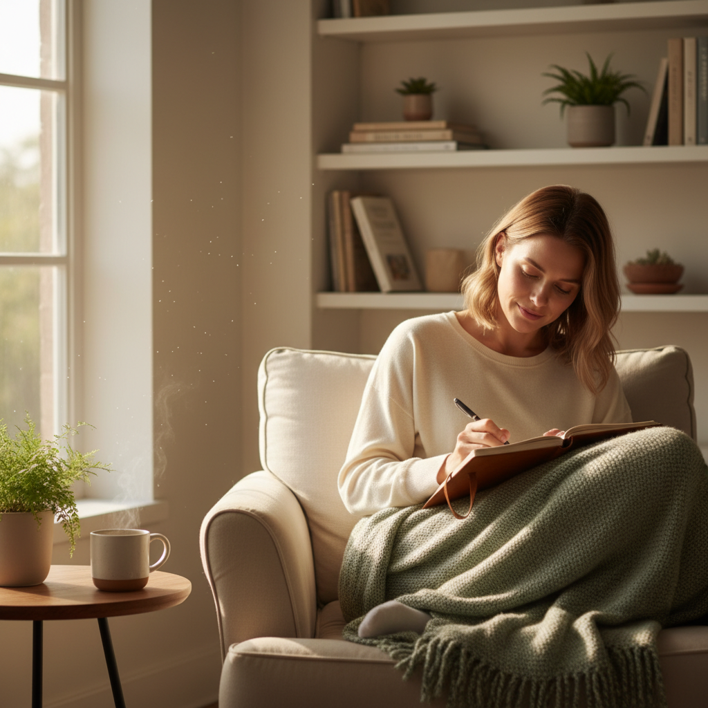 An infographic-style image illustrating the benefits of journaling, such as improved mood, reduced anxiety, enhanced self-awareness, and better sleep.