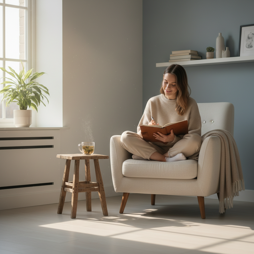 A step-by-step visual guide showing easy journaling techniques: writing regularly, using prompts, practicing gratitude, and different journaling styles (expressive, reflective, bullet journaling).