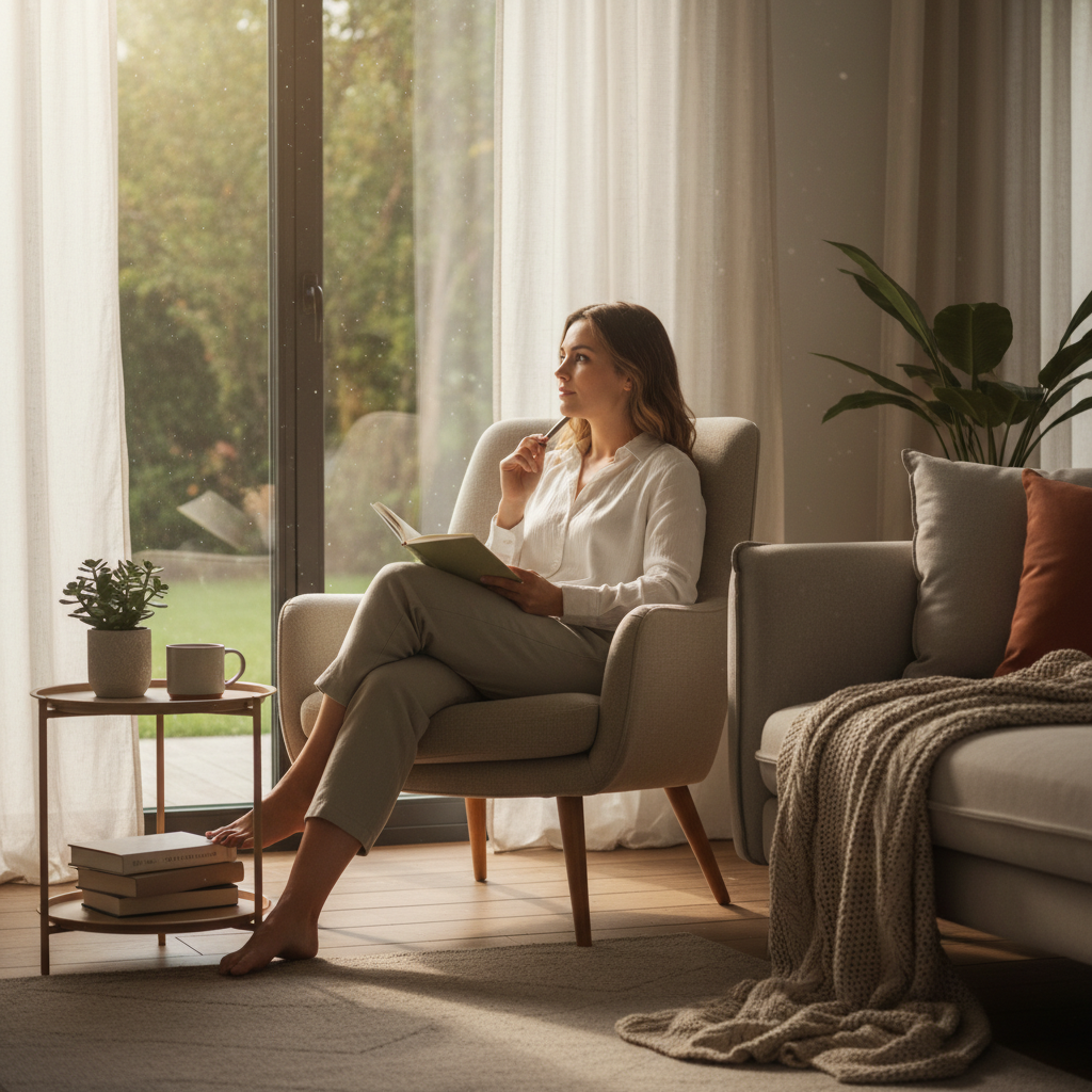 A peaceful scene of a person journaling in a cozy, calming environment with soft sunlight, symbolizing mental wellness and emotional health.