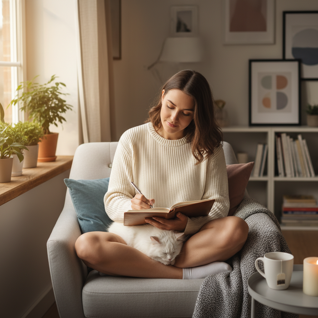 A warm, personal atmosphere image of someone reflecting while writing in their journal, representing a personal journaling experience fostering emotional resilience.
