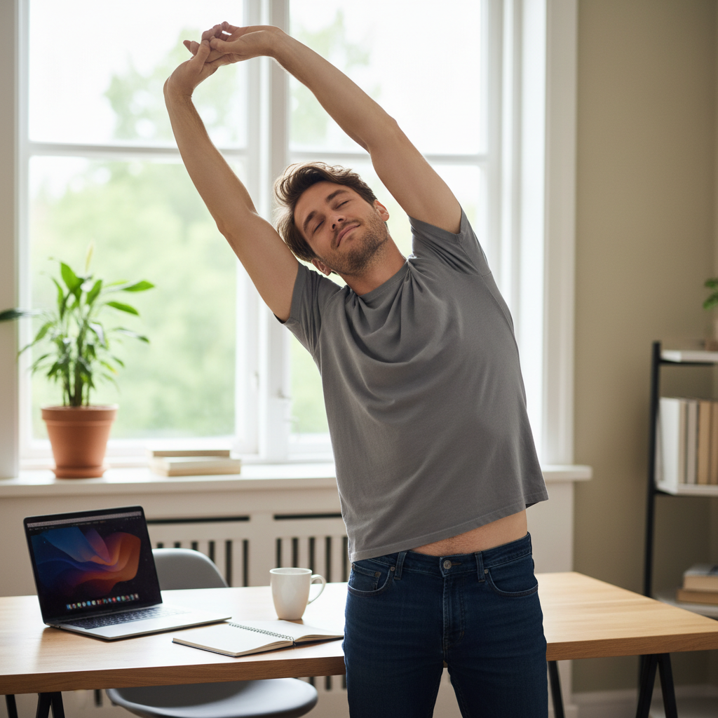 Illustration of a person at a desk taking a short microbreak, stretching and refreshing their mind during a workday.