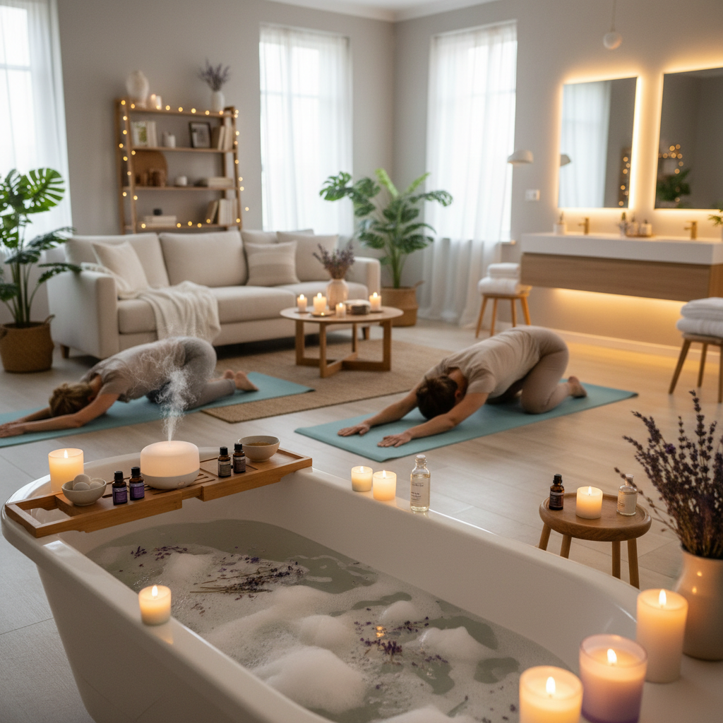 A peaceful scene of a warm, soothing bath with Epsom salts, lavender candles, and soft ambient lighting creating a relaxing bathroom sanctuary.