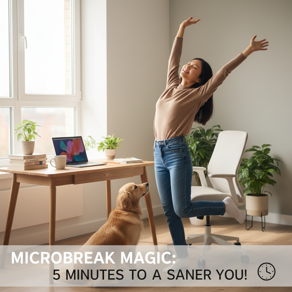 Step-by-step depiction of different microbreak activities: stretching, deep breathing, walking around workspace, standing, and drinking water.