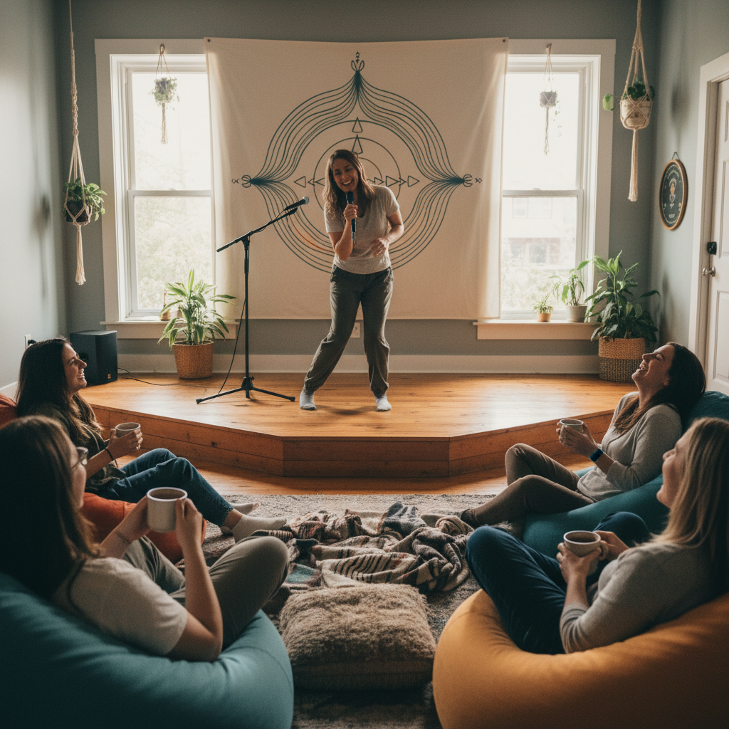 A step-by-step depiction of hosting a mindful comedy event: showing a cozy room setup with comfortable seating, soft lighting, a comedian performing, and attendees engaging in light mindfulness exercises or laughter yoga.