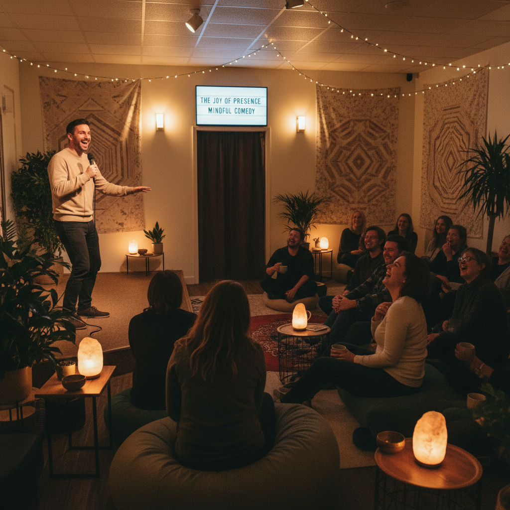 A warm, relatable scene of a parent and child attending a mindful comedy event together, sharing smiles and laughter in a friendly, family-inclusive atmosphere emphasizing kindness and connection.
