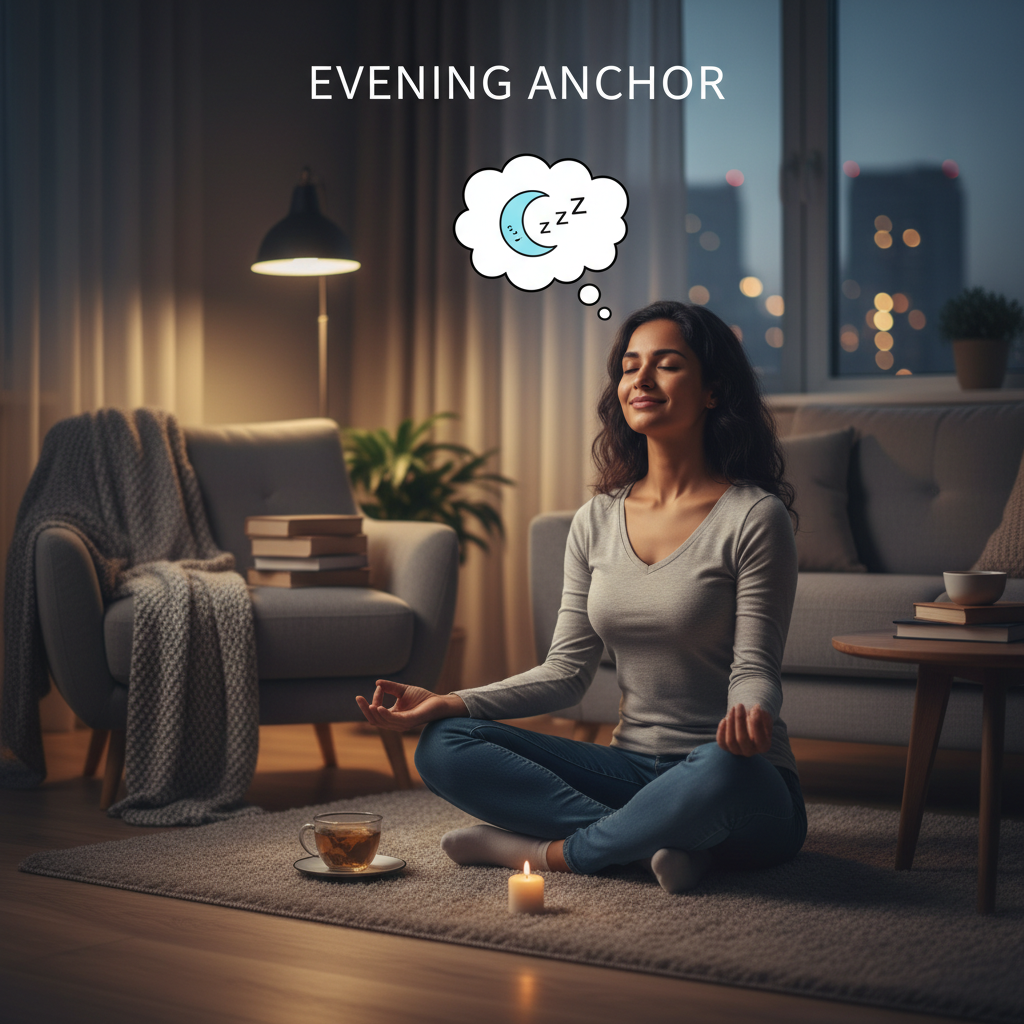 An infographic-style image showing the key benefits of a mindful evening routine such as better sleep quality, reduced stress, enhanced relaxation, and improved morning productivity.