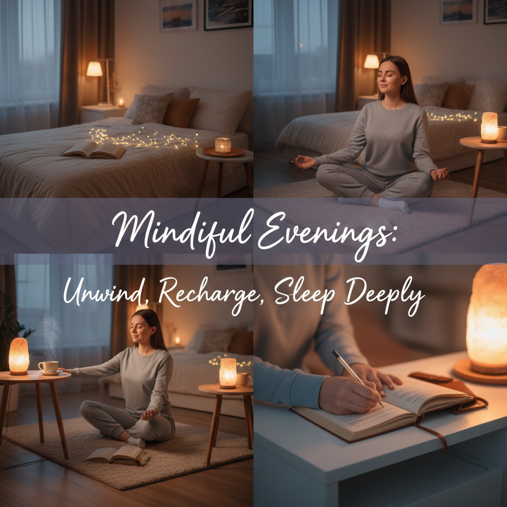 Illustration of a calm person winding down after a hectic day, emphasizing the importance of mindful evening routines for relaxation and restful sleep.