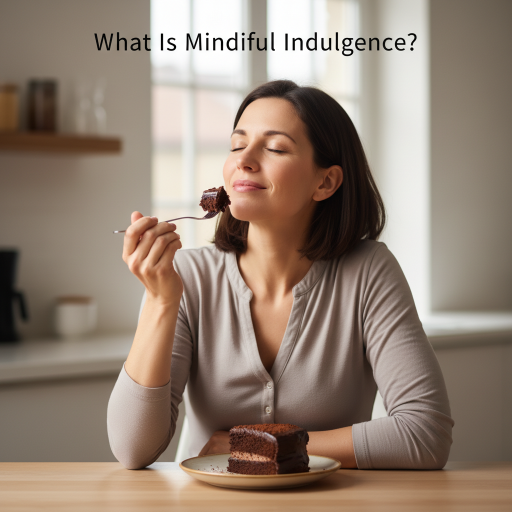 A step-by-step visual guide of practicing mindful indulgence: setting intention, engaging senses, limiting distractions, choosing quality, noticing emotions, savoring, and reflecting.