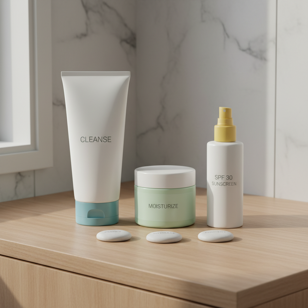 Illustration of essential budget skincare products: cleanser, moisturizer, and sunscreen arranged neatly to represent the core principles of a budget self care skincare routine.