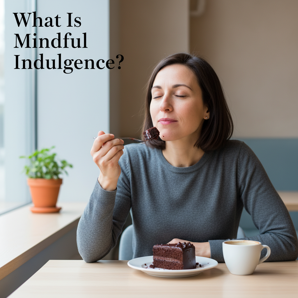 A person slowly savoring a piece of chocolate cake, eyes closed, focusing on texture and flavor, to represent 'What Is Mindful Indulgence?'