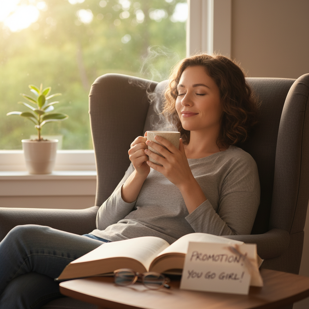 An illustration showing the benefits of mindful indulgence: managing cravings, reducing stress, boosting satisfaction, and encouraging lasting joy.