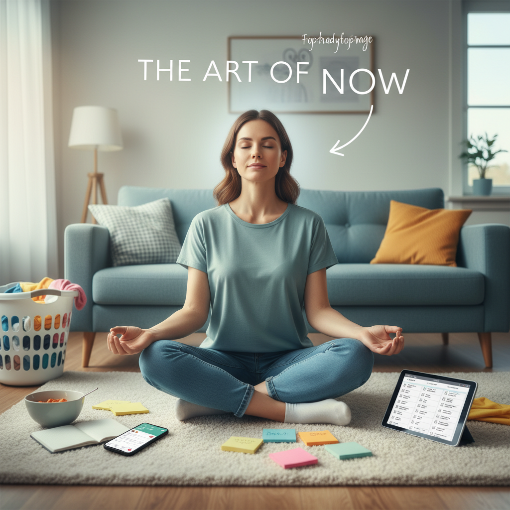 An image illustrating the concept of mindful living habits, showing a person calmly focusing on the present moment amidst distractions like phones and to-do lists.