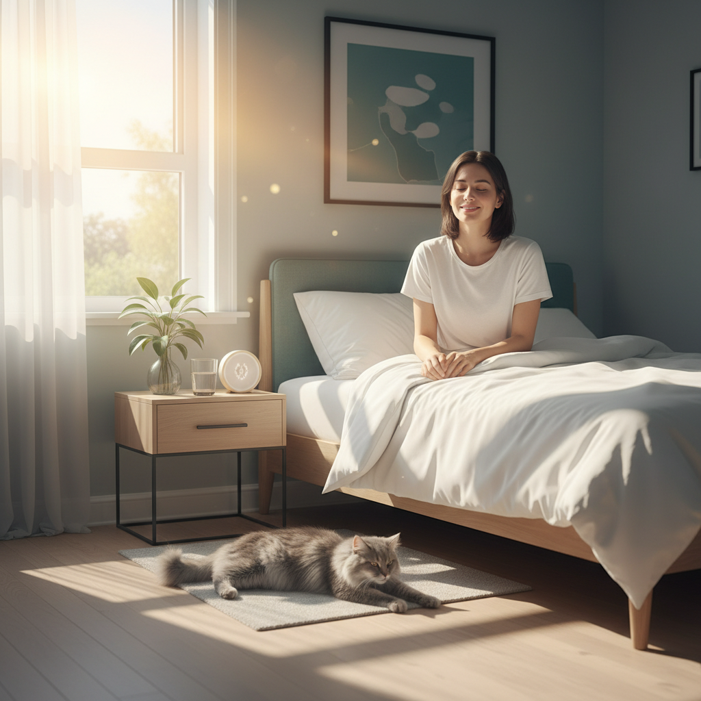 A step-by-step depiction of a mindful morning routine including waking up and hydrating, meditation, mindful stretching or yoga, and enjoying a healthy breakfast with gratitude.