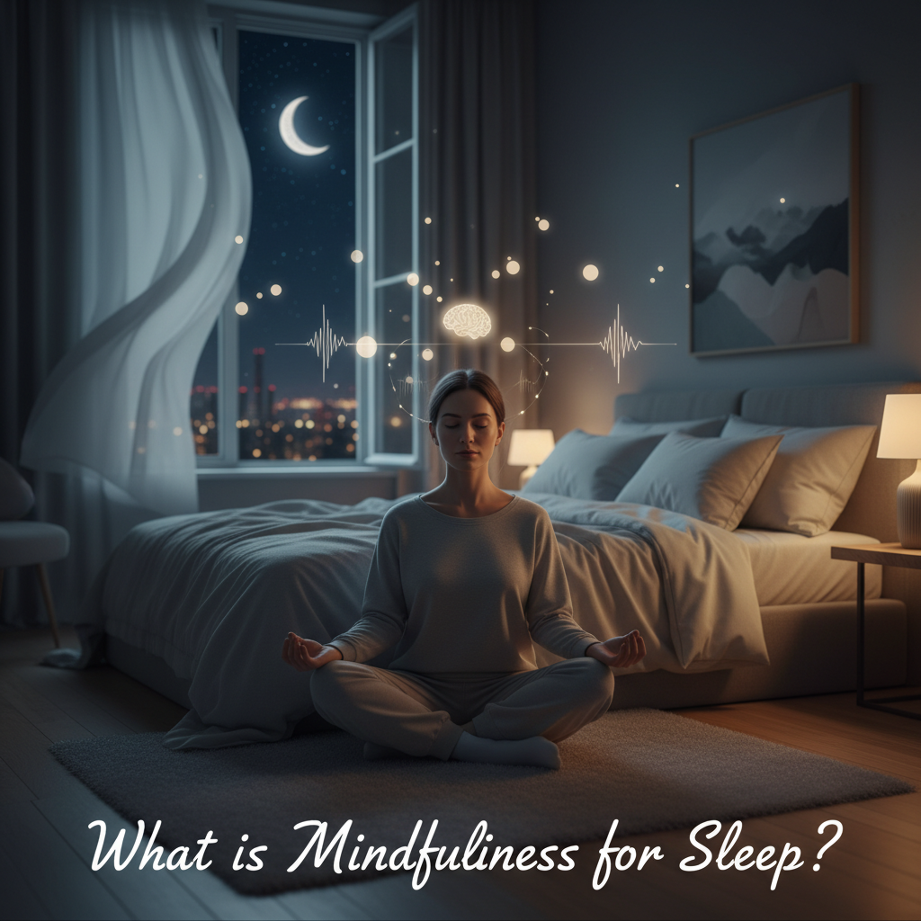 A step-by-step visual guide for practicing mindfulness for better sleep including dimming lights, practicing 4-7-8 breathing technique, body scan meditation, and using guided sleep meditations on a smartphone or tablet, titled 'How to Practice Mindfulness for Better Sleep: 5 Easy Steps'