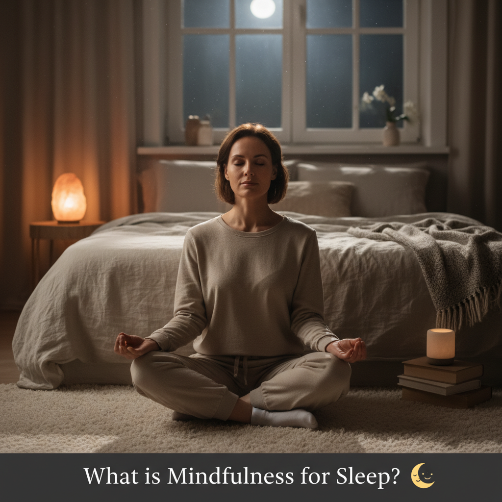An illustration of a peaceful bedroom setting at night with soft lighting, a person sitting calmly practicing mindfulness or meditation, evoking a calm and serene atmosphere to represent 'What is Mindfulness for Sleep?'
