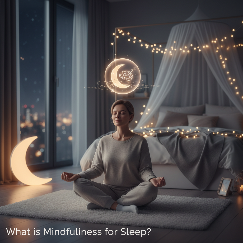 A conceptual image showing the connection between mind and body, perhaps with icons or symbols for stress reduction, melatonin, and relaxation, depicting the benefits of mindfulness on sleep quality for 'Why Mindfulness Improves Sleep Quality'