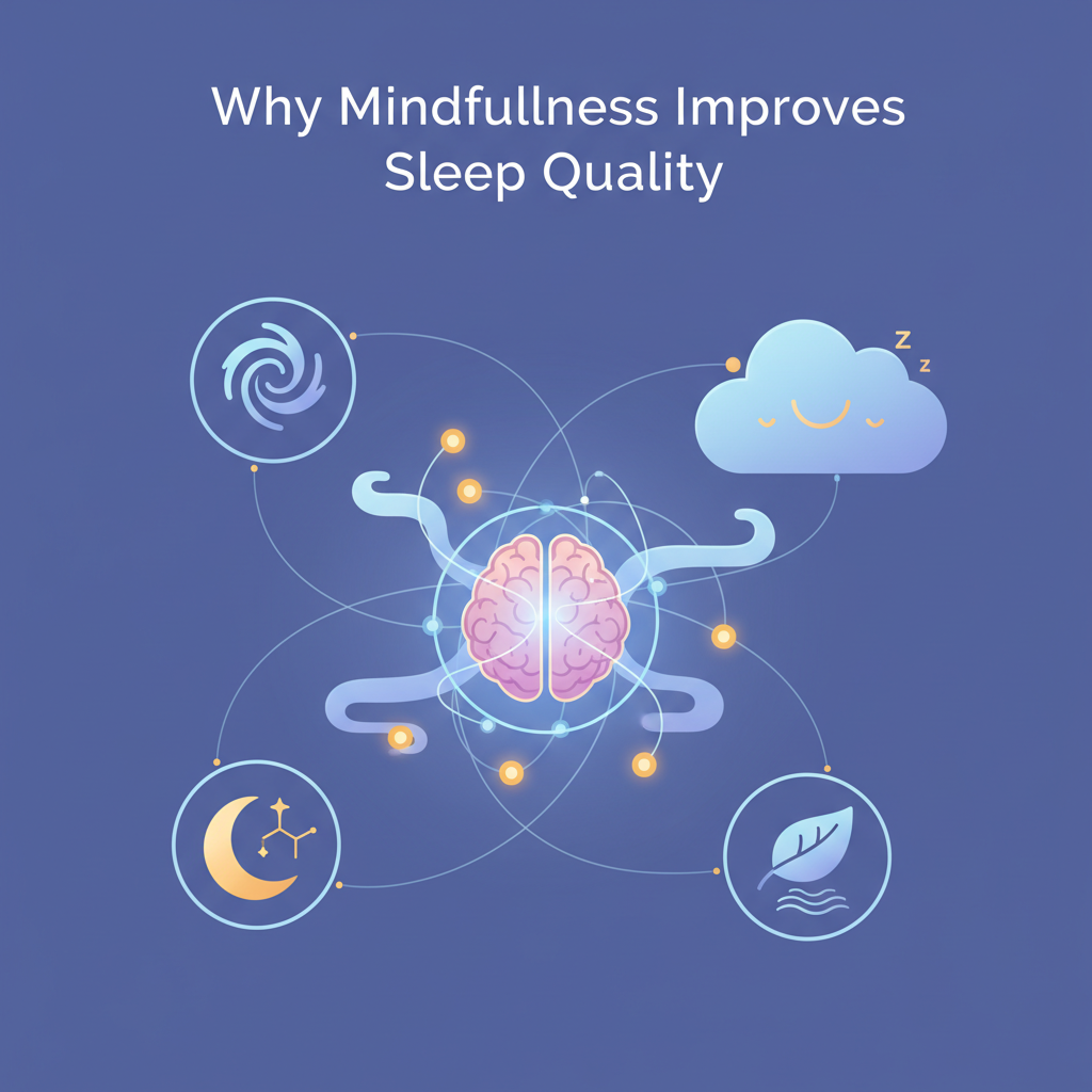 A personal, relatable scene showing someone relaxed and content in bed or sitting peacefully by their bedside lamp, symbolizing 'Real Talk: My Mindfulness Journey to Better Sleep'